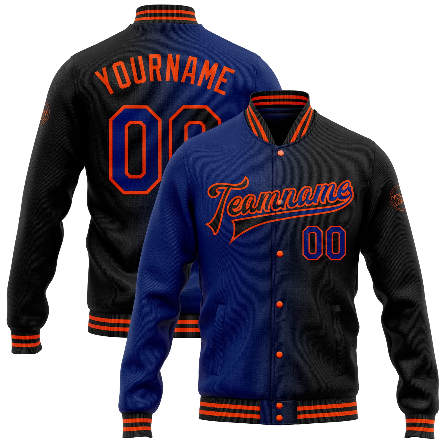 Personalized Gradient Varsity Letterman Jacket - Black Royal Orange Bomber Full-Snap Fashion Outerwear Personalized Black