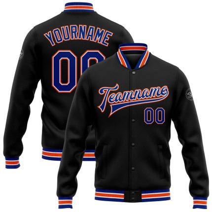 Personalized Black Royal Orange Varsity Letterman Bomber Jacket - Full Snap Design Personalized Black Royal-Orange Bomber