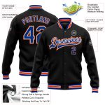 Personalized Black Royal Orange Varsity Letterman Bomber Jacket - Full Snap Design Personalized Black Royal-Orange Bomber
