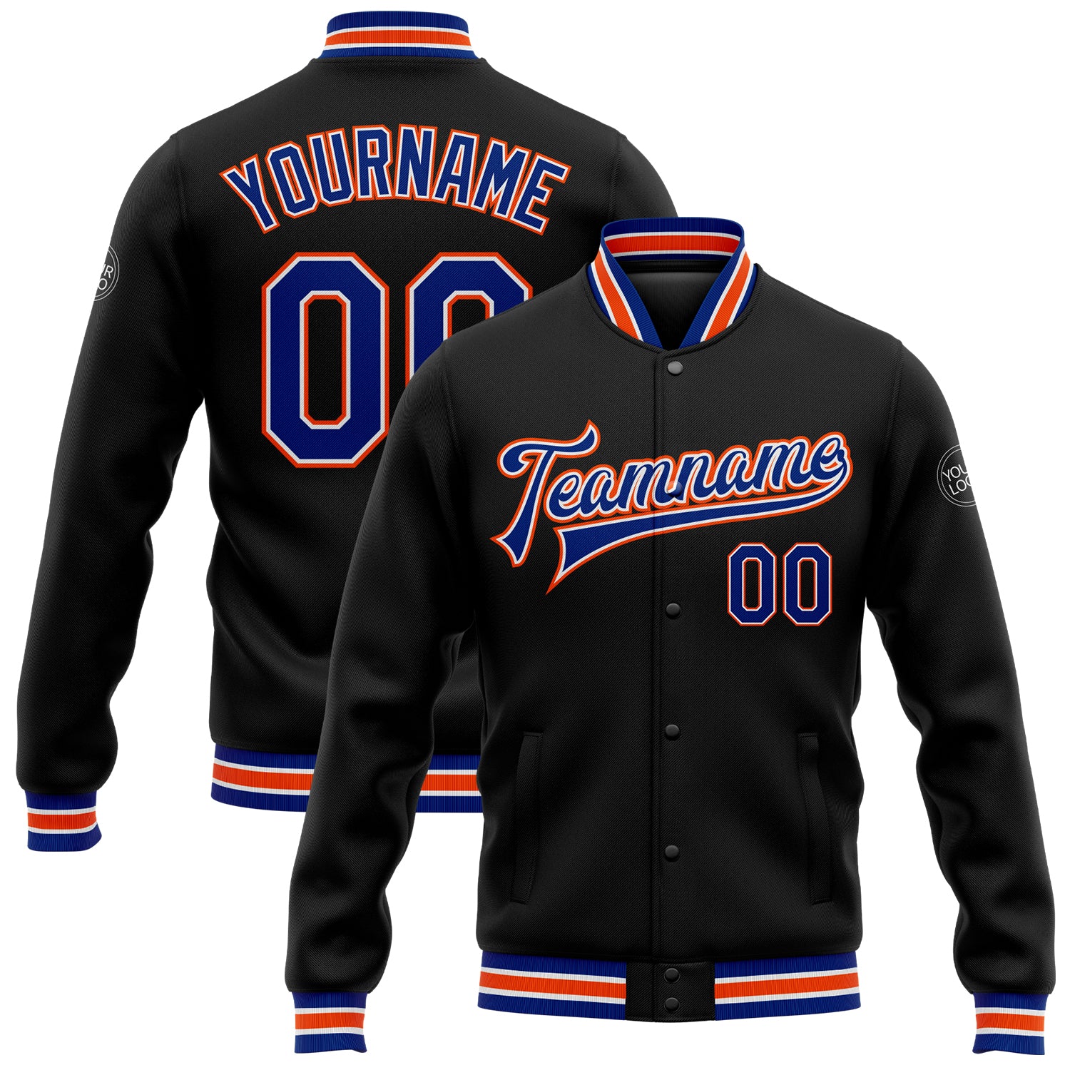 Custom Name Number Black Orange Varsity Letterman Bomber Jacket - Personalized Full-Snap Team Jacket Personalized Black Royal-Orange