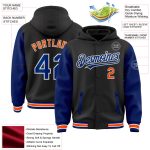 Custom Name and Number Bomber Varsity Letterman Hoodie Jacket, Black Royal-Orange Two Tone Design Personalized Black Royal-Orange