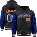 Custom Name and Number Bomber Varsity Letterman Hoodie Jacket, Black Royal-Orange Two Tone Design Personalized Black Royal-Orange