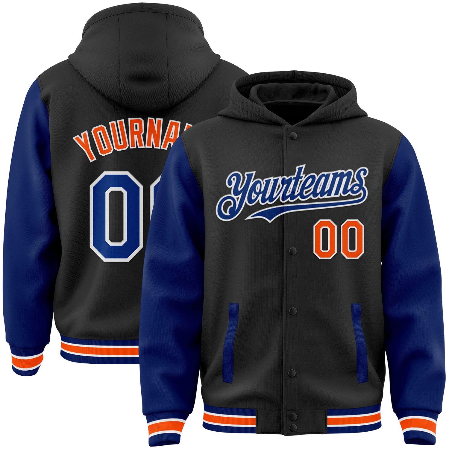 Custom Name and Number Bomber Varsity Letterman Hoodie Jacket, Black Royal-Orange Two Tone Design Personalized Black Royal-Orange