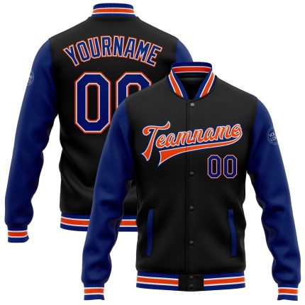 Custom Royal-Orange Black Two-Tone Bomber Varsity Letterman Jacket Full-Snap Personalized Black Royal-Orange Bomber Full-Snap