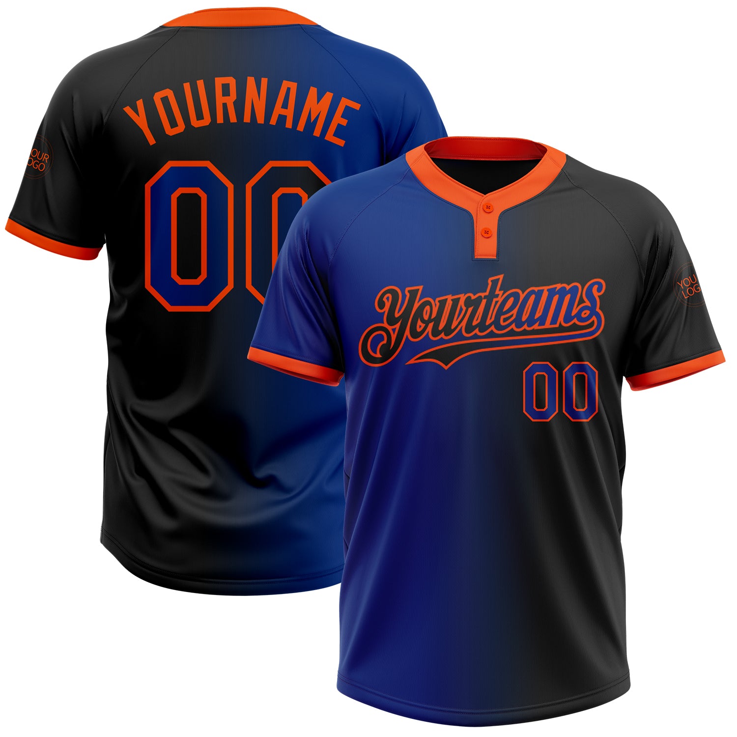 Custom Name and Number Unisex Softball Jersey - Personalized Black Royal-Orange Gradient Fashion Two-Button Design Personalized