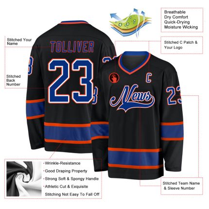 Custom Name and Number Black Royal-Orange Hockey Jersey - Personalized Team Jersey Personalized Black Royal-Orange Hockey