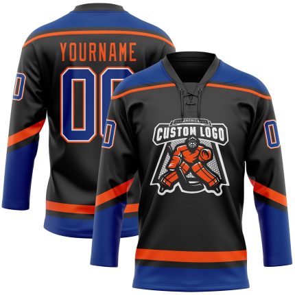 Personalized Custom Name and Number Black Royal-Orange Hockey Jersey Lace Neck Team Shirt Personalized Black Royal-Orange