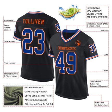 Personalized Royal-Orange Black Mesh Football Jersey - Authentic Throwback Style Personalized Black Royal-Orange Mesh Authentic