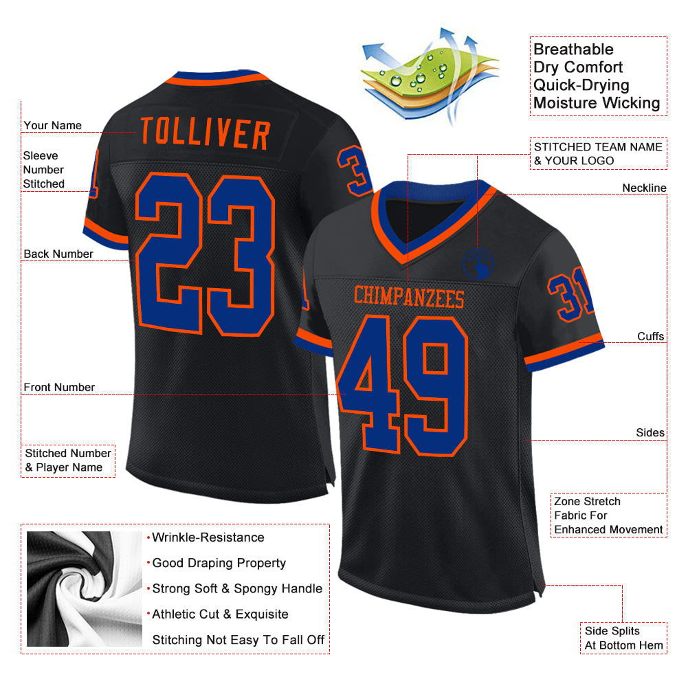 Personalized Black Royal-Orange Mesh Authentic Throwback Football Jersey Team Custom Name and Number Personalized Black Royal-Orange Football Jersey Custom Name Number Authentic Throwback Personalized Black Royal-Orange Mesh - Image 2