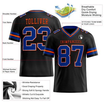 Personalized Black Royal-Orange Football Jersey for Men, Custom Mesh Jersey 2 Personalized Black Royal-Orange Mesh Football