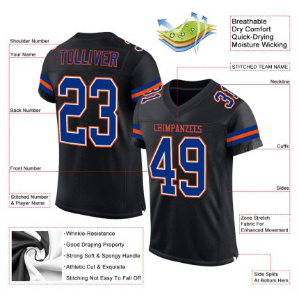 Personalized Black Royal Orange Mesh Football Jersey for Men and Women Personalized Black Royal-Orange Mesh Football Jersey