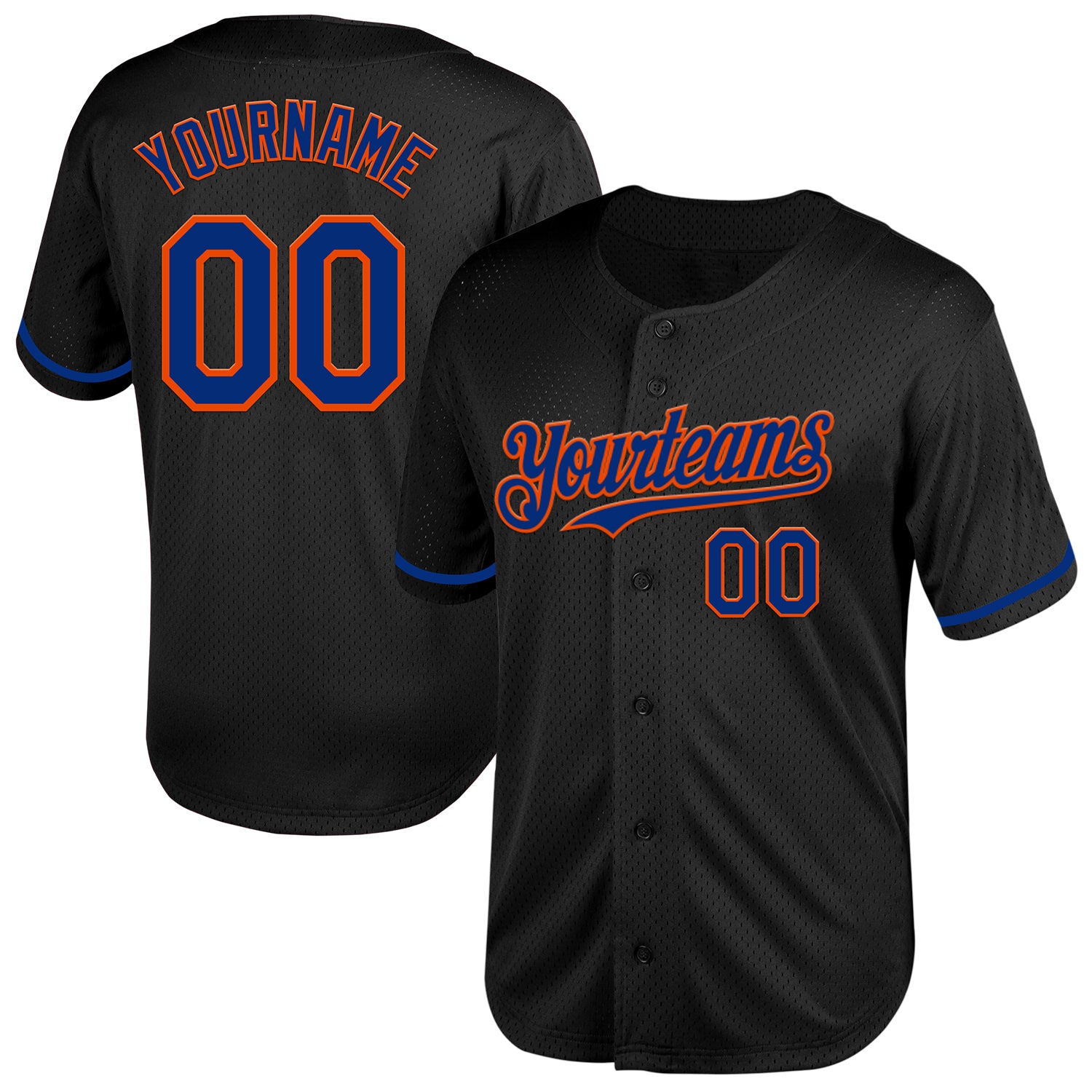Personalized Black Orange Mesh Throwback Baseball Jersey - Custom Design 2 Personalized Black Royal-Orange Mesh Throwback