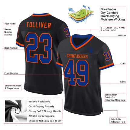 Personalized Black Orange Mesh Throwback Football Jersey for Men Personalized Black Royal-Orange Mesh Throwback Football