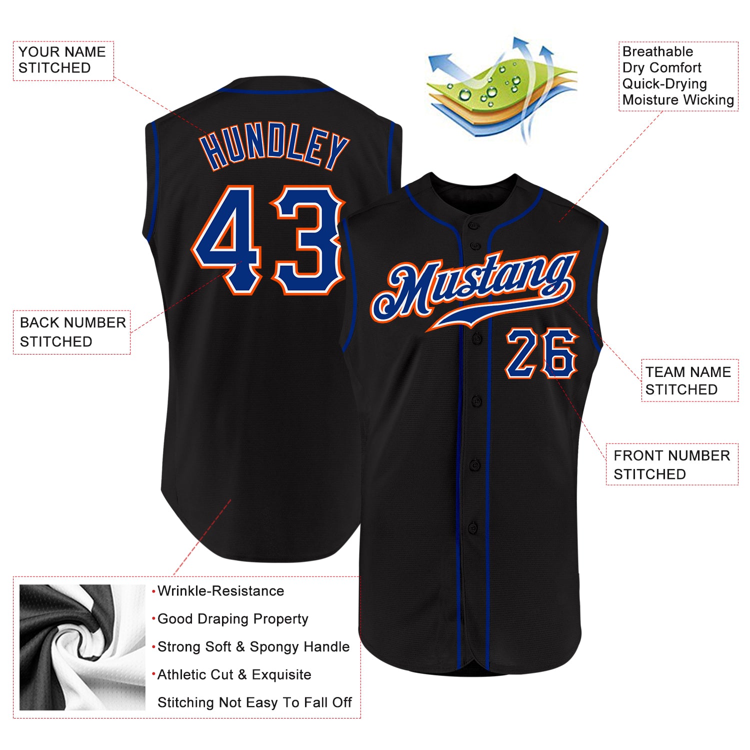 Personalized Black Royal-Orange Sleeveless Baseball Jersey Personalized Baseball Jersey - Black Royal-Orange Sleeveless Design for Custom Style Personalized Black Royal-Orange Sleeveless - Image 2