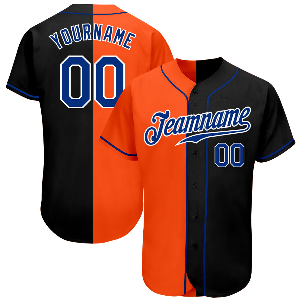 Personalized Black Orange Split Baseball Jersey - Fashion Sportswear Attire Personalized Black Royal-Orange Split Fashion