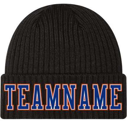 Custom Name and Number Black Orange Cuffed Knit Hat - Personalized Team Beanie Personalized Black Royal-Orange Stitched Cuffed