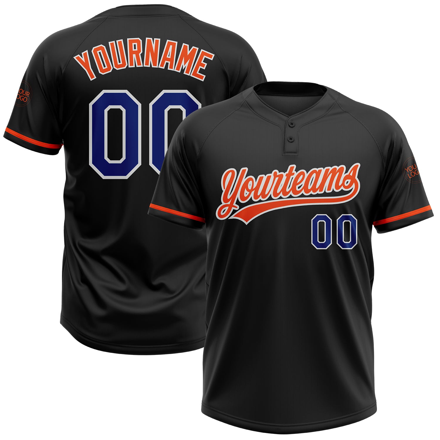 Personalized Black Royal-Orange Softball Jersey for Men and Women - Two-Button Design Personalized Black Royal-Orange Two-Button