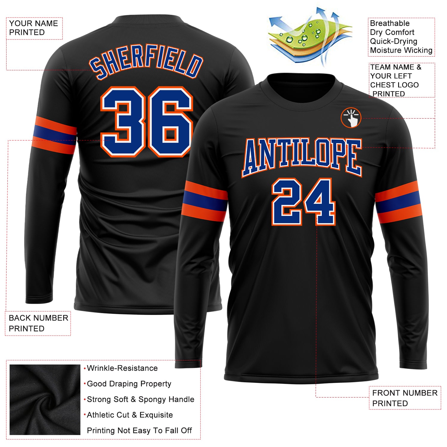 Personalized Black Royal Orange-White Long Sleeve Performance T-Shirt Team Custom Name and Number Custom Team Long Sleeve Performance T-Shirt - Personalized Black Royal Orange-White with Name and Number Personalized Black - Image 3