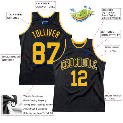 Personalized Black Gold-Royal Basketball Jersey - Royal Pinstripe Design Personalized Black Royal Pinstripe Gold-Royal Basketball