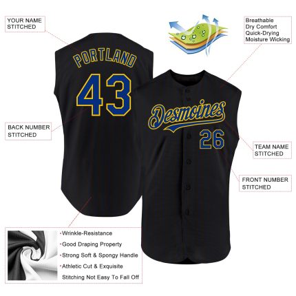 Custom Name and Number Personalized Baseball Jersey - Black Royal Pinstripe Old Gold Sleeveless Authentic Design Personalized