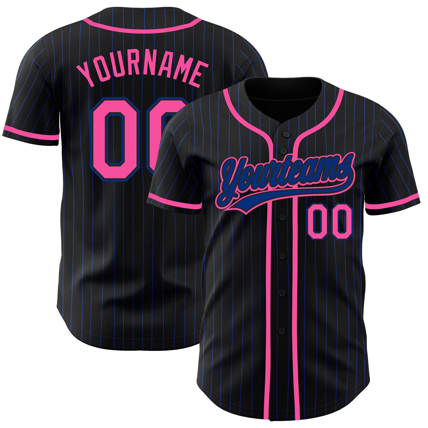 Personalized Black Pink Baseball Jersey - Royal Pinstripe Design Personalized Black Royal Pinstripe Pink Baseball Jersey