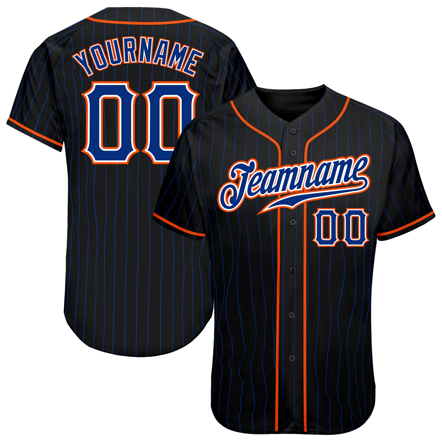 Custom Personalized Black Royal Pinstripe Baseball Jersey with Orange Trim - Team Name and Number Authentic Jersey Personalized