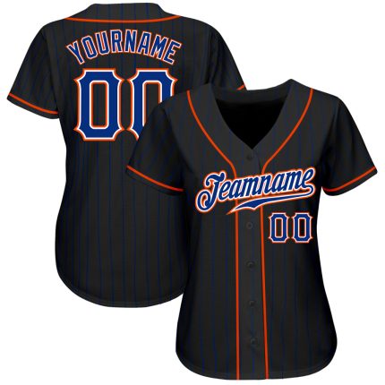 Personalized Black and Orange Pinstripe Baseball Jersey - Royal Style Personalized Black Royal Pinstripe Royal-Orange Baseball