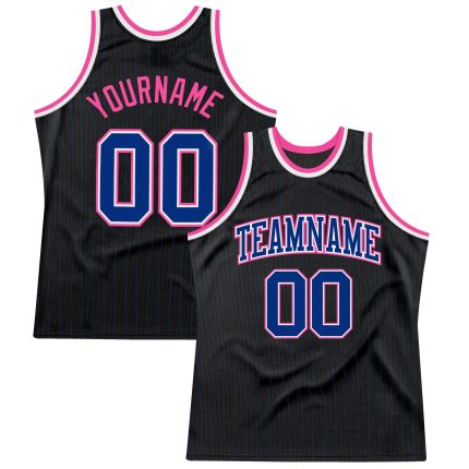 Personalized Black Royal-Pink Basketball Jersey with Pinstripe Design Personalized Black Royal Pinstripe Royal-Pink Basketball