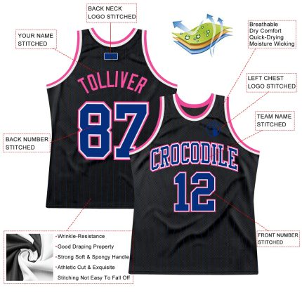 Personalized Black Royal-Pink Basketball Jersey with Pinstripe Design Personalized Black Royal Pinstripe Royal-Pink Basketball