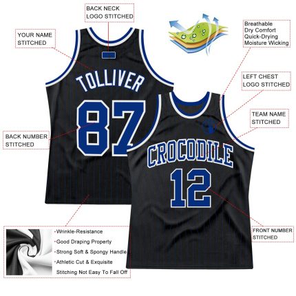 Custom Name Number Authentic Basketball Jersey - Personalized Black Royal Pinstripe Personalized Black Royal Pinstripe Royal-White