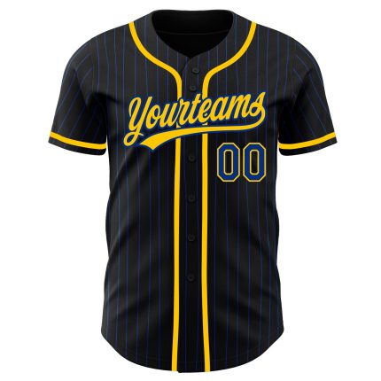 Personalized Black Royal Yellow Baseball Jersey with Pinstripe Design Personalized Black Royal Pinstripe Royal-Yellow Baseball