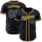 Personalized Black Royal Yellow Baseball Jersey with Pinstripe Design Personalized Black Royal Pinstripe Royal-Yellow Baseball