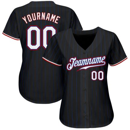Personalized Black Pinstripe Baseball Jersey White Red Design for Custom Team Wear Personalized Black Royal Pinstripe White-Red