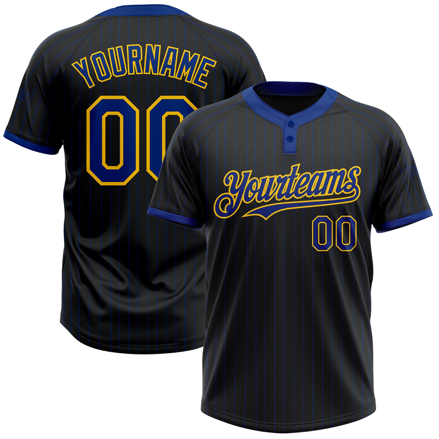 Custom Name and Number Unisex Softball Jersey - Personalized Black Royal Pinstripe Yellow Two-Button Design Personalized