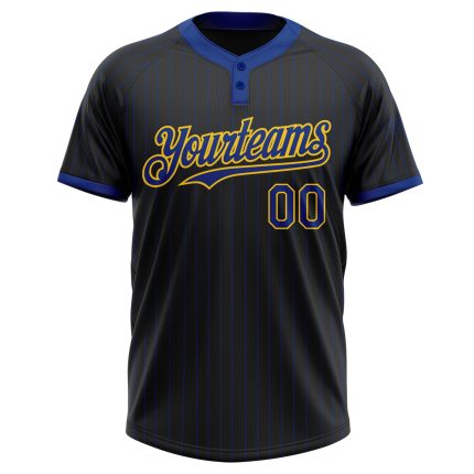 Custom Name and Number Unisex Softball Jersey - Personalized Black Royal Pinstripe Yellow Two-Button Design Personalized