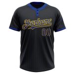 Personalized Black Yellow Two-Button Unisex Softball Jersey - Royal Pinstripe Design Personalized Black Royal Pinstripe Yellow