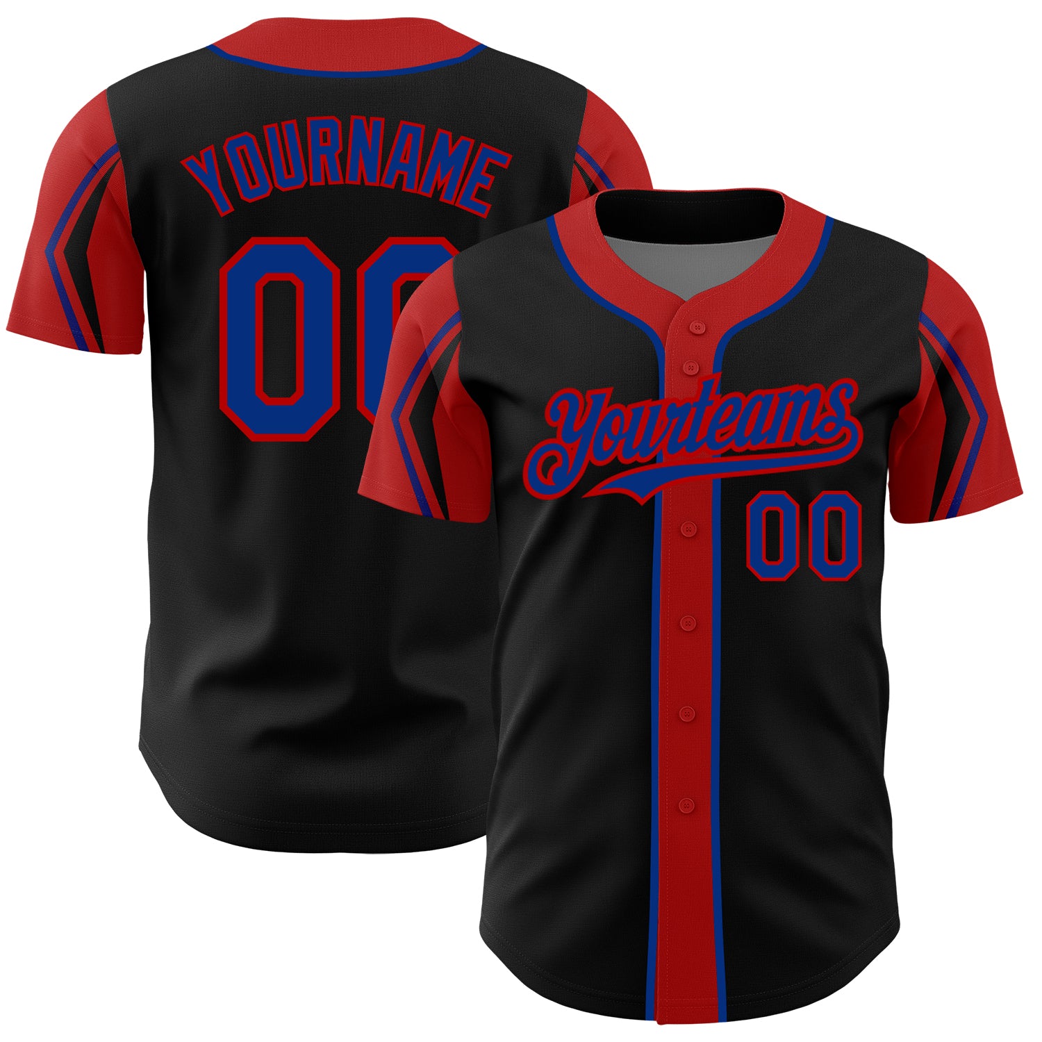 Custom Name and Number Personalized Baseball Jersey - Black Royal Red Arm Shapes in 3 Colors Personalized Black Royal-Red