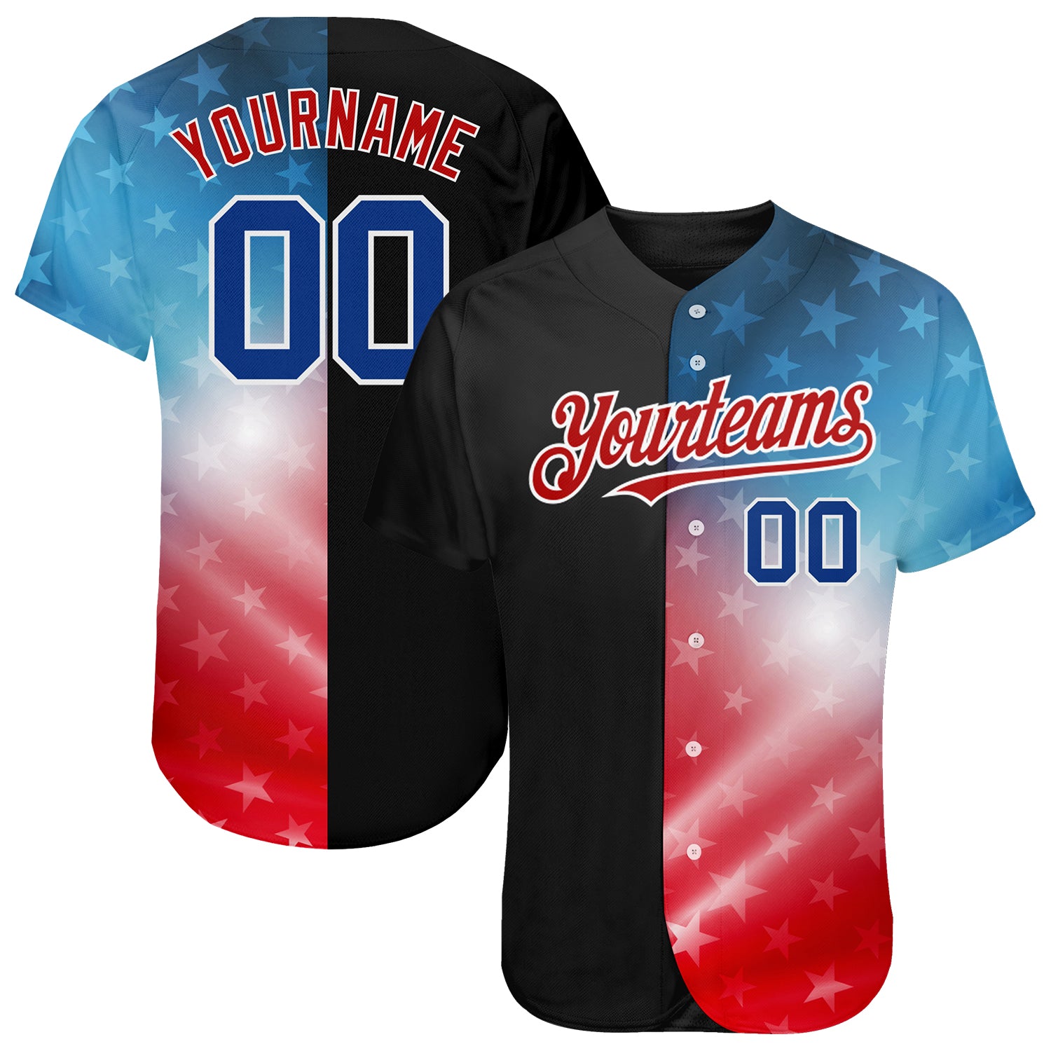 Personalized 3D American Flag Baseball Jersey - Black Royal-Red Fashion Design Personalized Black Royal-Red 3D American Flag
