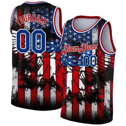 Custom Name and Number Personalized Black Royal-Red 3D Eagle Basketball Jersey American Flag Design Personalized Black Royal-Red