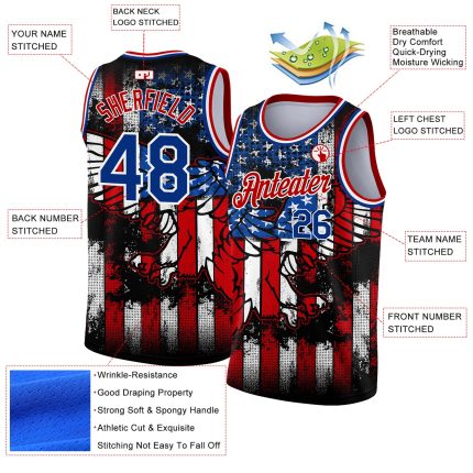 Custom Name and Number Personalized Black Royal-Red 3D Eagle Basketball Jersey American Flag Design Personalized Black Royal-Red