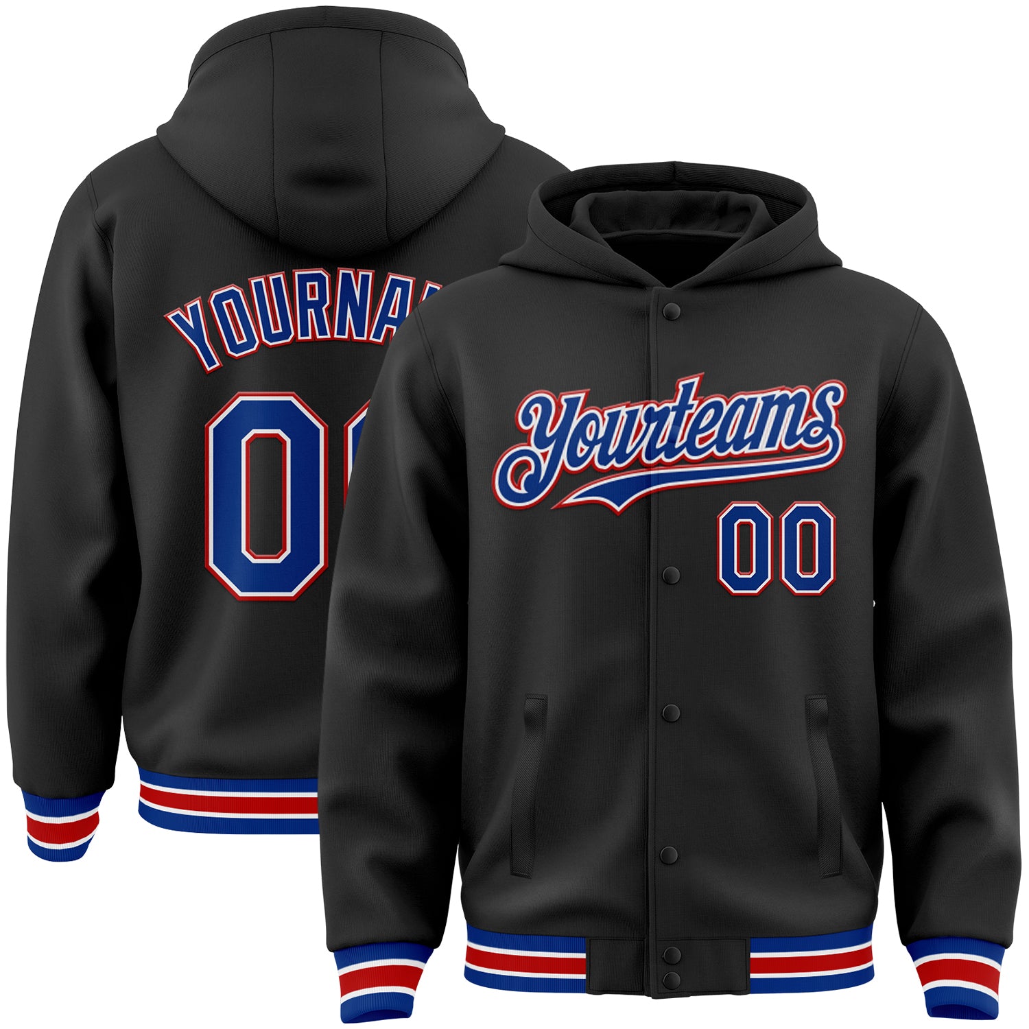 Custom Name and Number Black Royal-Red Bomber Varsity Hoodie Jacket - Personalized Full-Snap Letterman Style Personalized