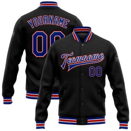 Personalized Varsity Letterman Jacket Black Royal-Red Full-Snap Bomber for Men Personalized Black Royal-Red Bomber Full-Snap