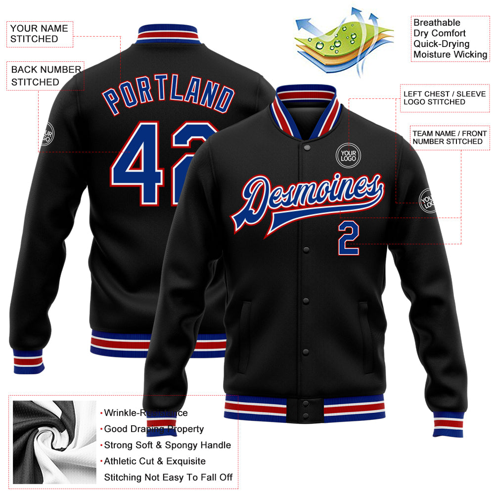 Personalized Varsity Letterman Jacket Black Royal-Red Full-Snap Bomber for Men Personalized Black Royal-Red Bomber Full-Snap - Image 5