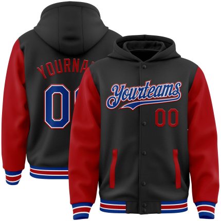 Personalized Black Royal Red Two Tone Hoodie Jacket Full-Snap Varsity Letterman Bomber Personalized Black Royal-Red Bomber