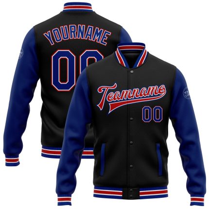 Personalized Varsity Letterman Bomber Jacket Black Red Two Tone Full-Snap Personalized Black Royal-Red Bomber Full-Snap Varsity