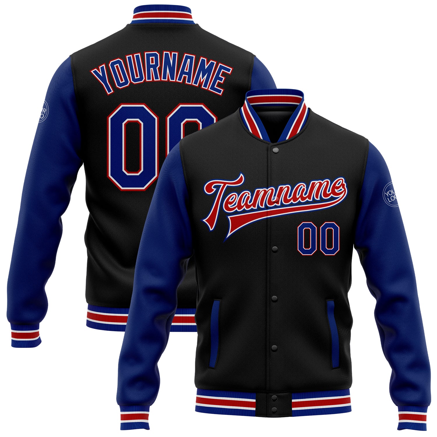 Custom Name and Number Varsity Letterman Jacket Black Royal-Red Bomber Two Tone Full-Snap Personalized Black Royal-Red Bomber