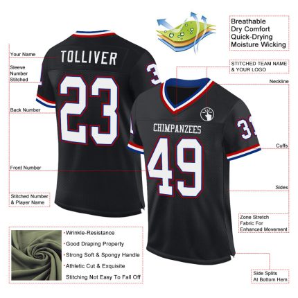 Custom Name Number Authentic Throwback Football Jersey - Personalized Black Royal-Red Mesh Team Jersey Personalized Black