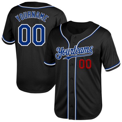 Personalized Black and Royal-Red Mesh Baseball Jersey for Adults - Custom Throwback Style Personalized Black Royal-Red Mesh