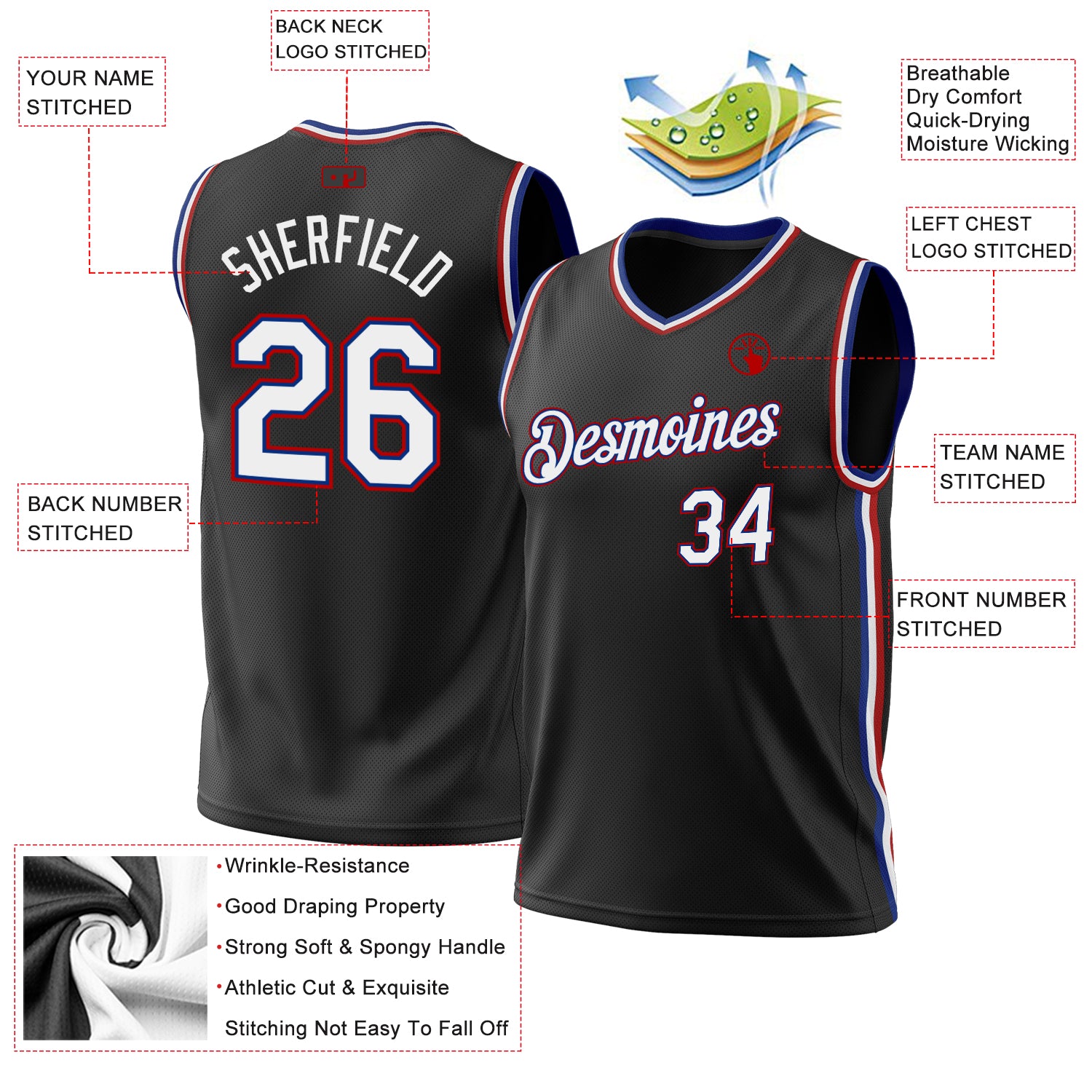 Custom Black Royal-Red Throwback Basketball Jersey for Men - Personalized 3 Personalized Black Royal-Red Throwback Basketball - Image 3