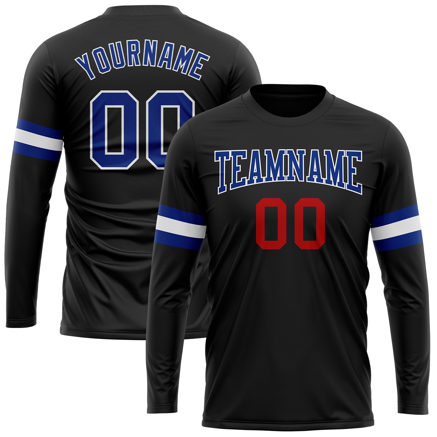 Custom Team Name & Number Long Sleeve Performance T-Shirt in Black Royal Red-White Personalized Black Royal Red-White Long